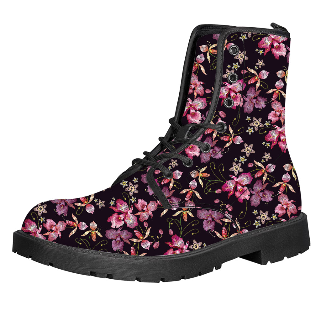 Embroidery Orchid Flower Pattern Print Leather Boots