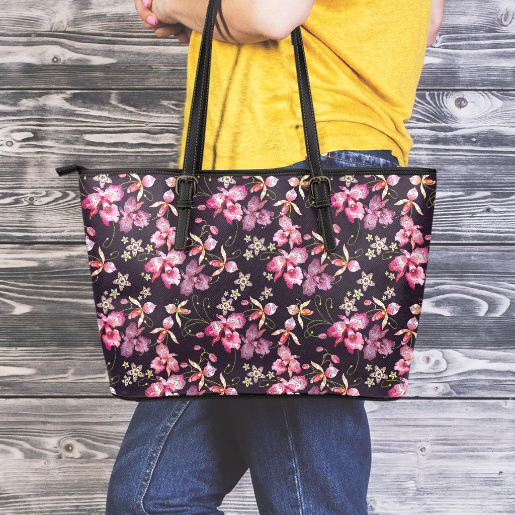 Embroidery Orchid Flower Pattern Print Leather Tote Bag