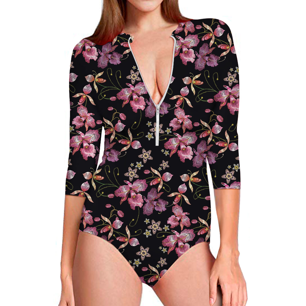 Embroidery Orchid Flower Pattern Print Long Sleeve One Piece Swimsuit