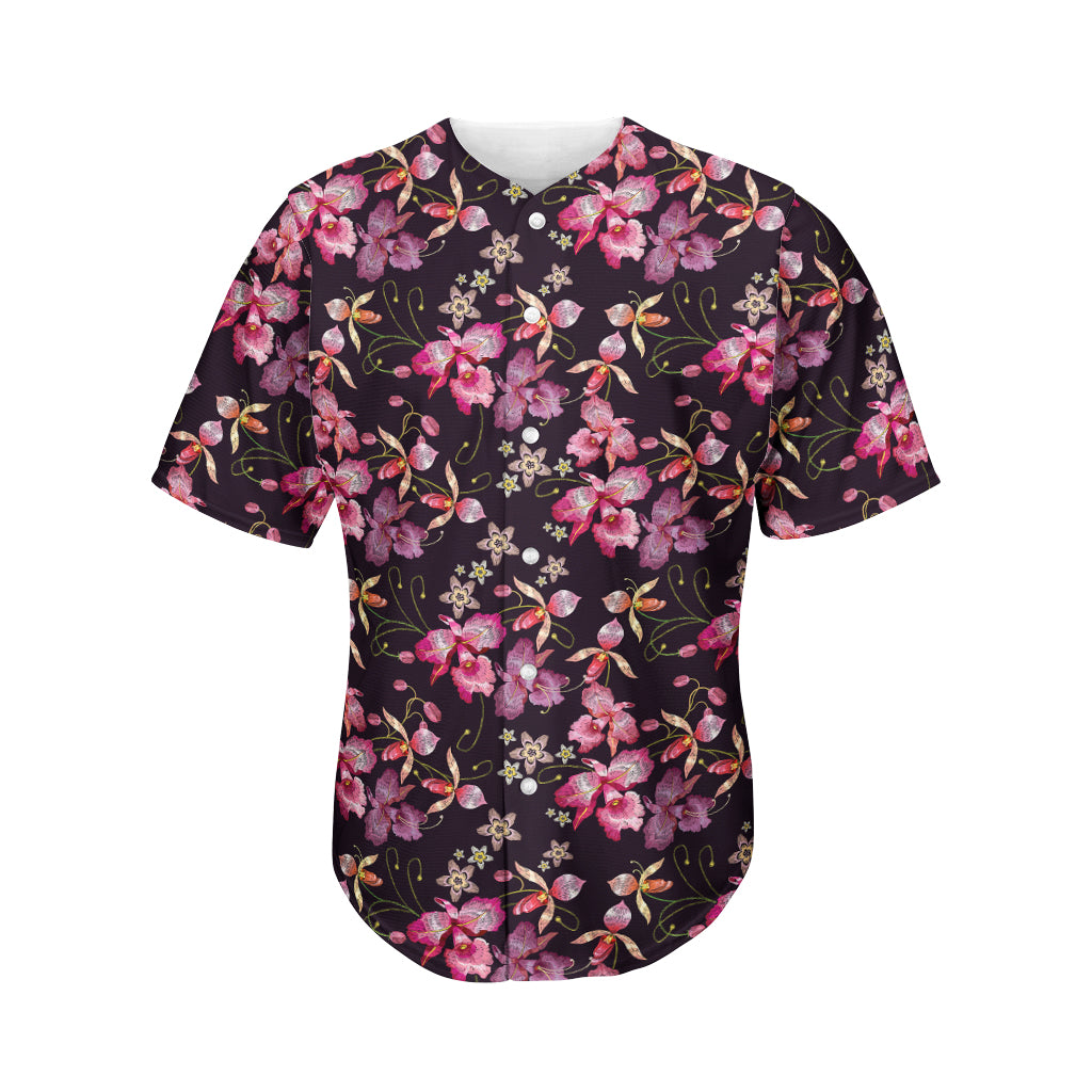 Embroidery Orchid Flower Pattern Print Men's Baseball Jersey