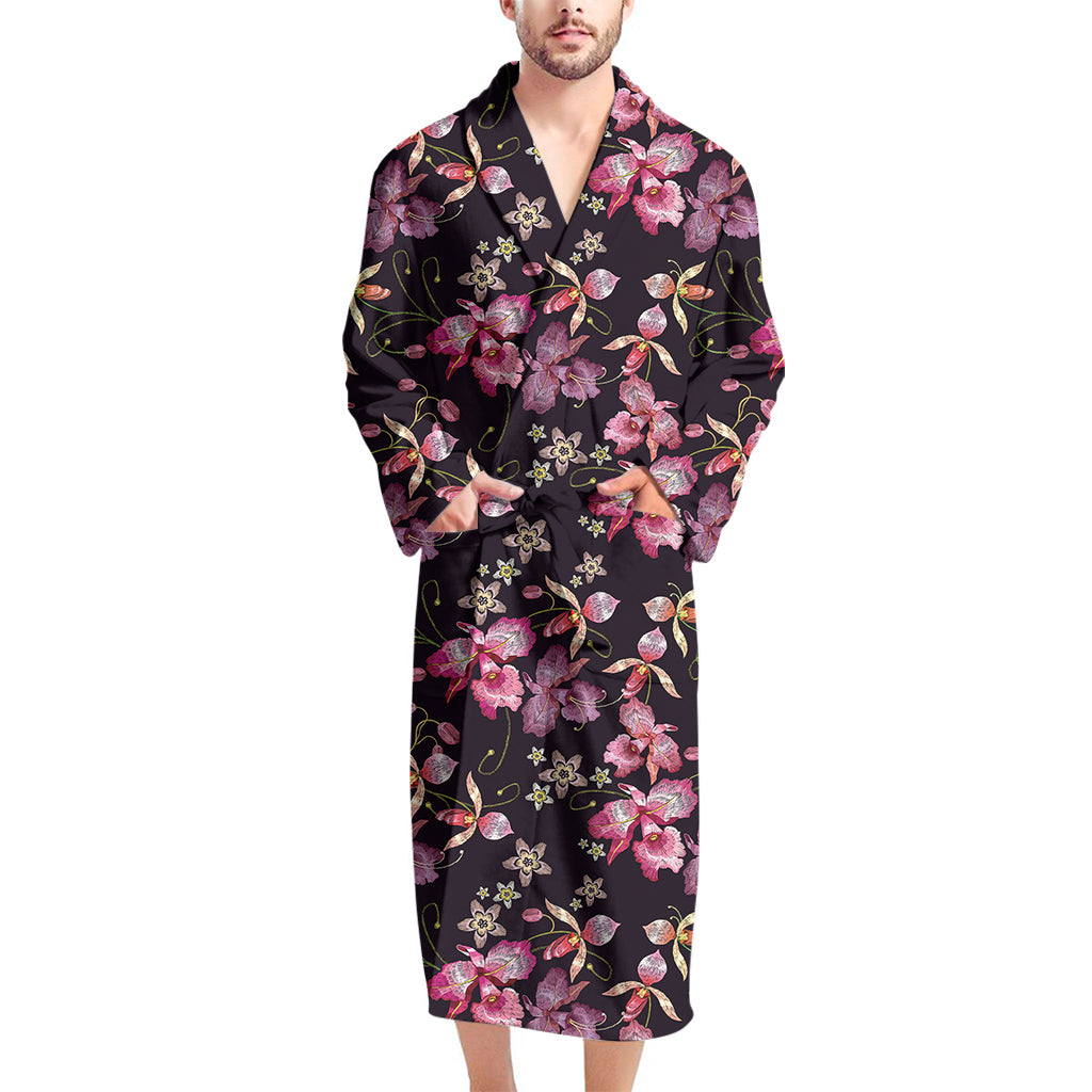 Embroidery Orchid Flower Pattern Print Men's Bathrobe