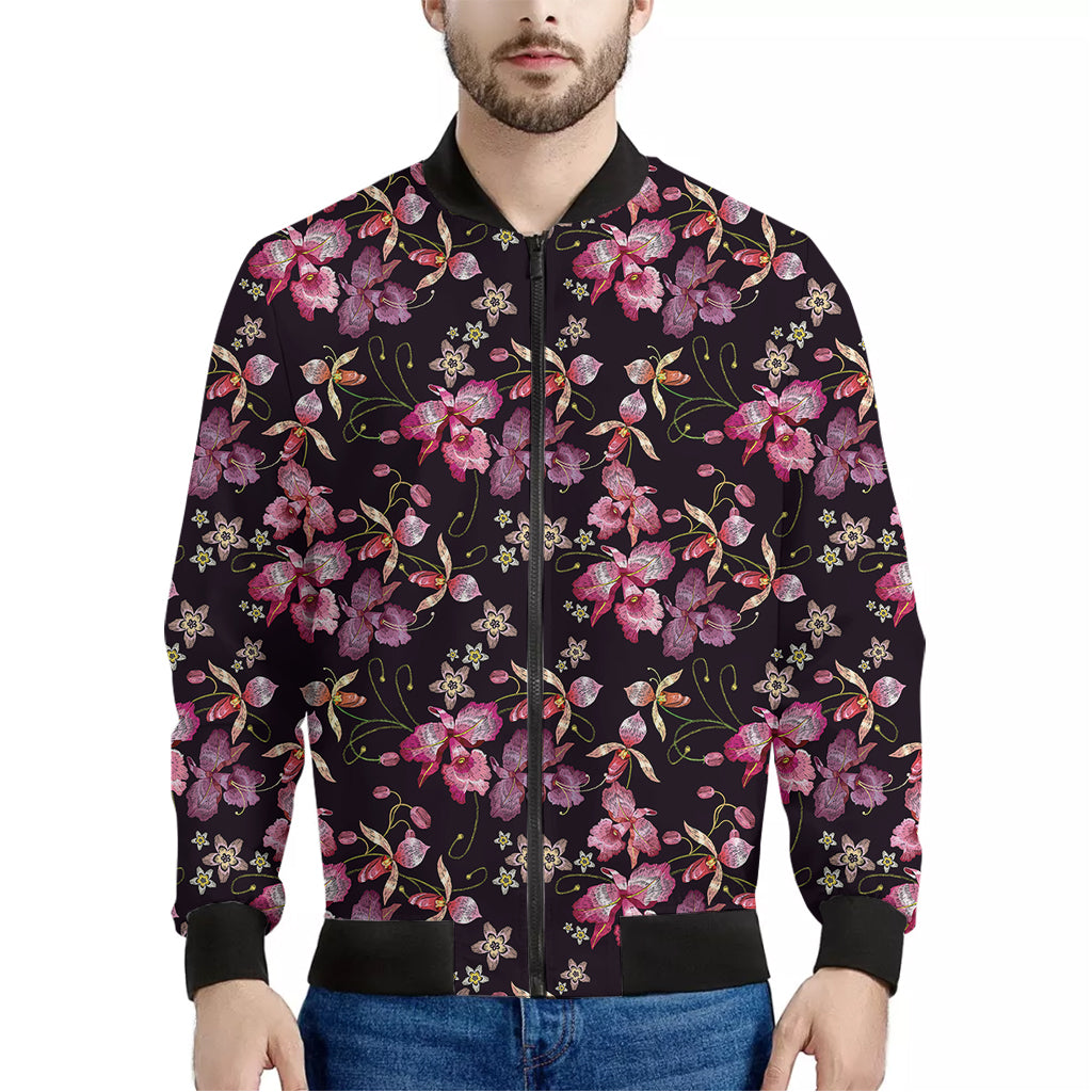 Embroidery Orchid Flower Pattern Print Men's Bomber Jacket