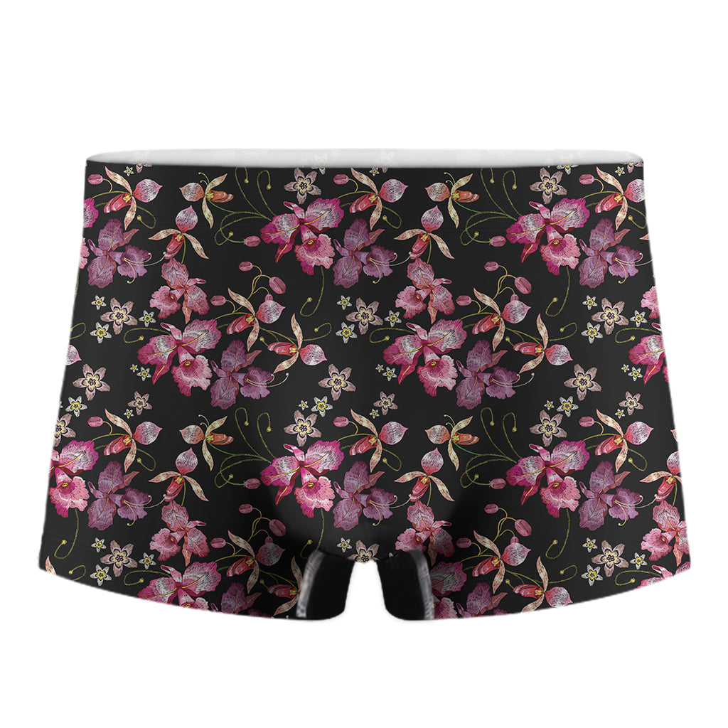 Embroidery Orchid Flower Pattern Print Men's Boxer Briefs