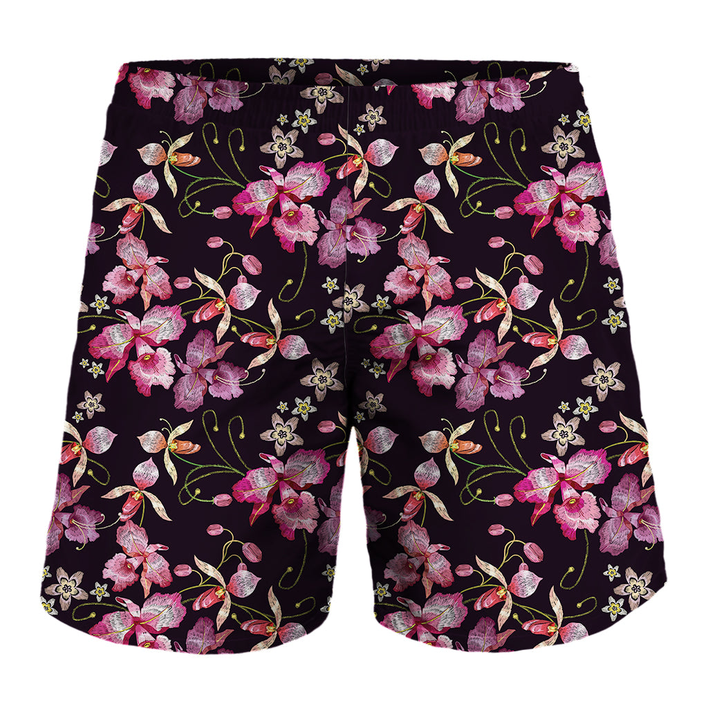 Embroidery Orchid Flower Pattern Print Men's Shorts