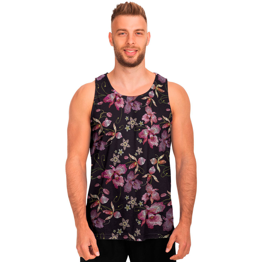 Embroidery Orchid Flower Pattern Print Men's Tank Top