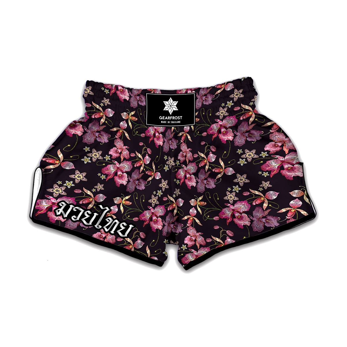 Embroidery Orchid Flower Pattern Print Muay Thai Boxing Shorts