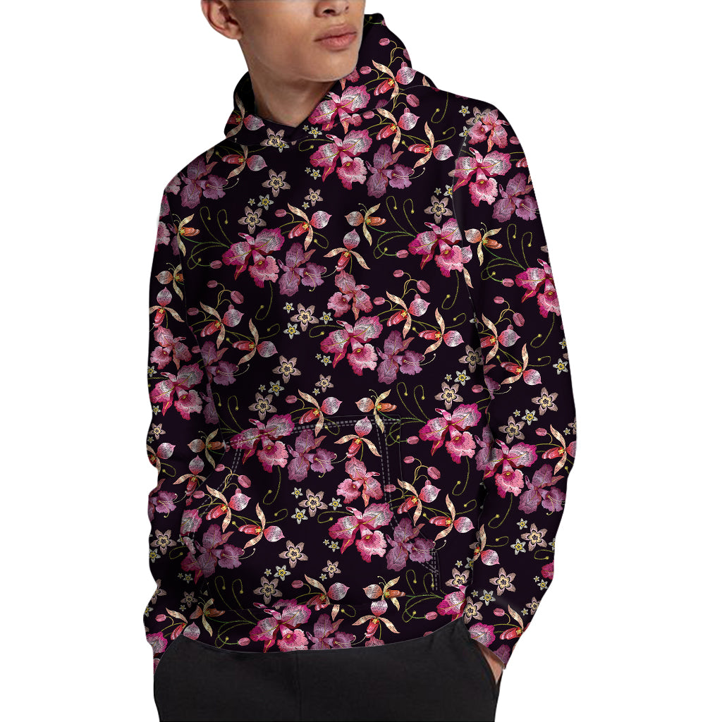 Embroidery Orchid Flower Pattern Print Pullover Hoodie