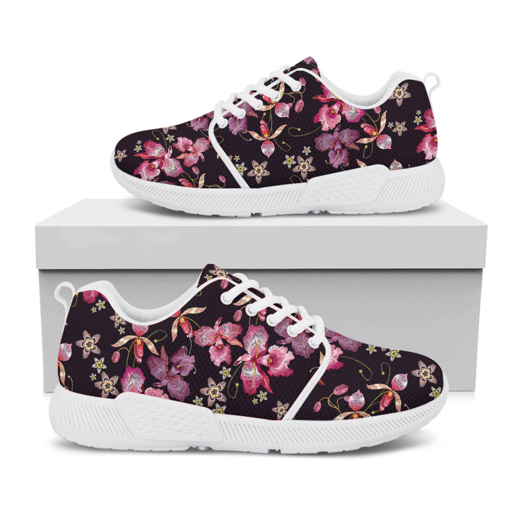 Embroidery Orchid Flower Pattern Print White Athletic Shoes