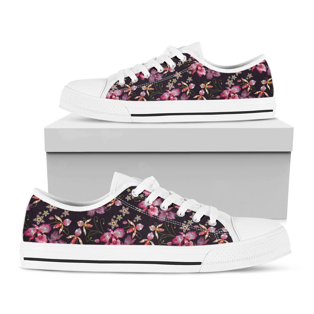 Embroidery Orchid Flower Pattern Print White Low Top Shoes