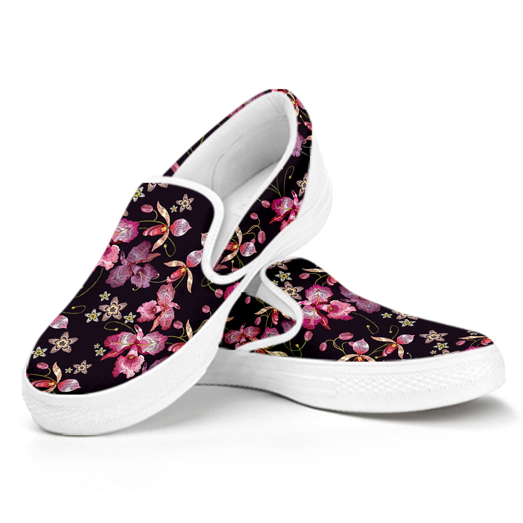 Embroidery Orchid Flower Pattern Print White Slip On Shoes