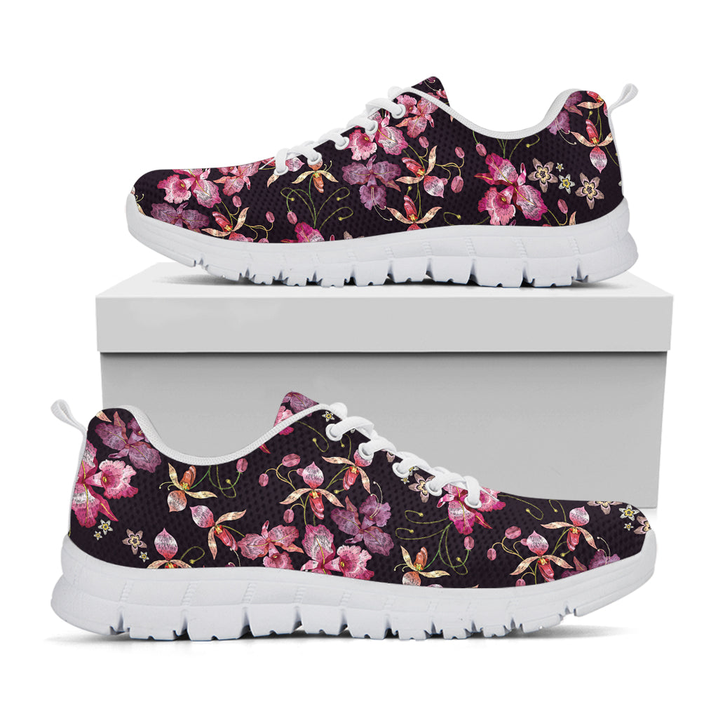 Embroidery Orchid Flower Pattern Print White Sneakers