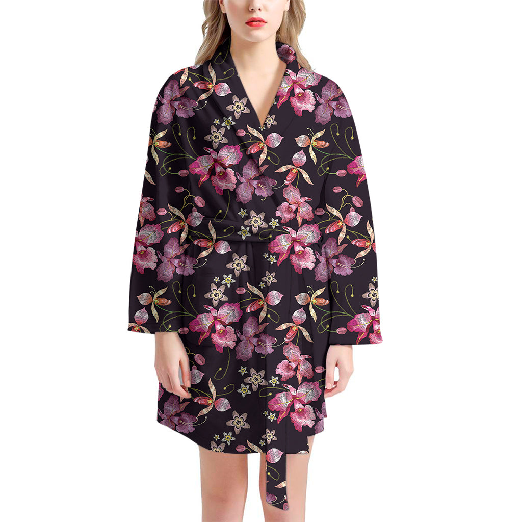 Embroidery Orchid Flower Pattern Print Women's Bathrobe