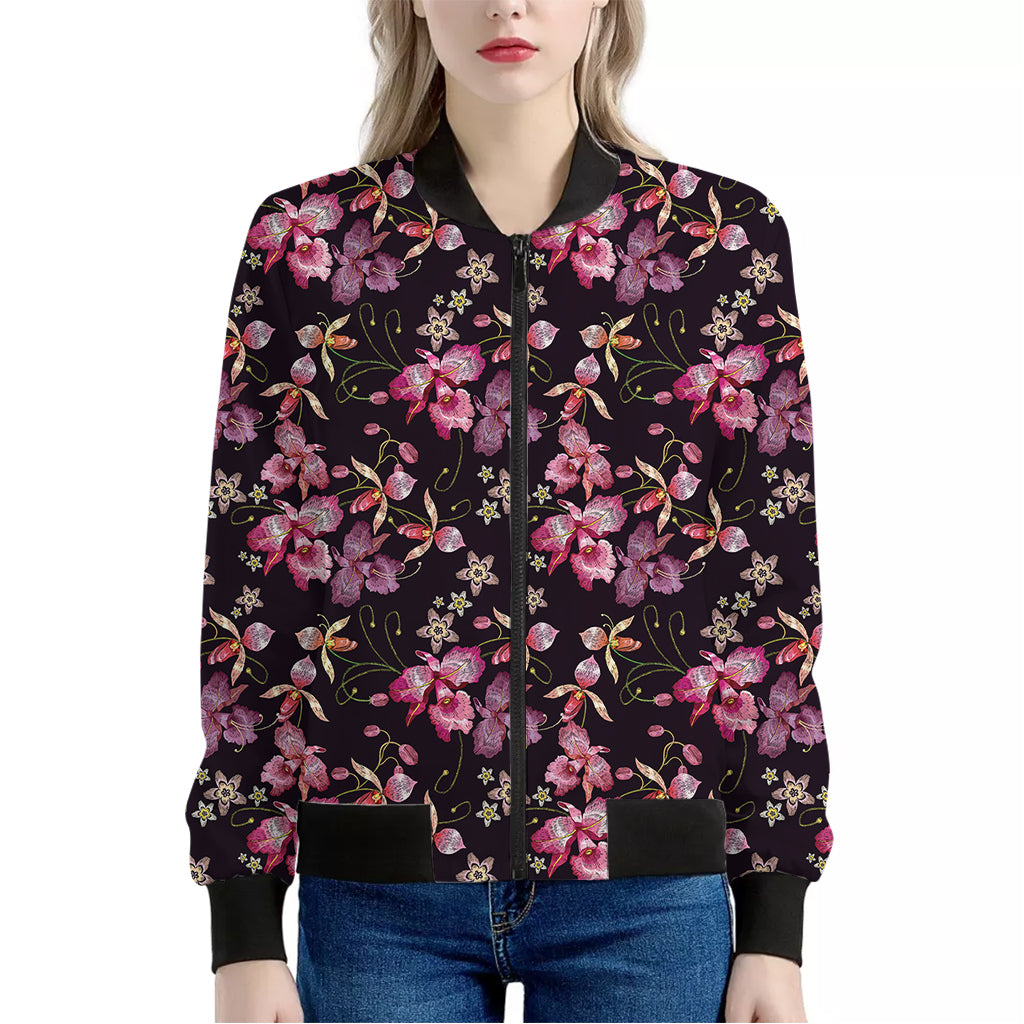 Embroidery Orchid Flower Pattern Print Women's Bomber Jacket