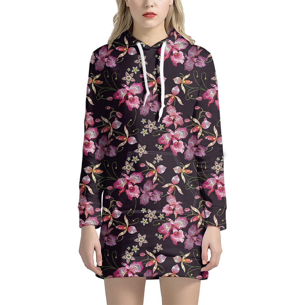 Embroidery Orchid Flower Pattern Print Women's Pullover Hoodie Dress