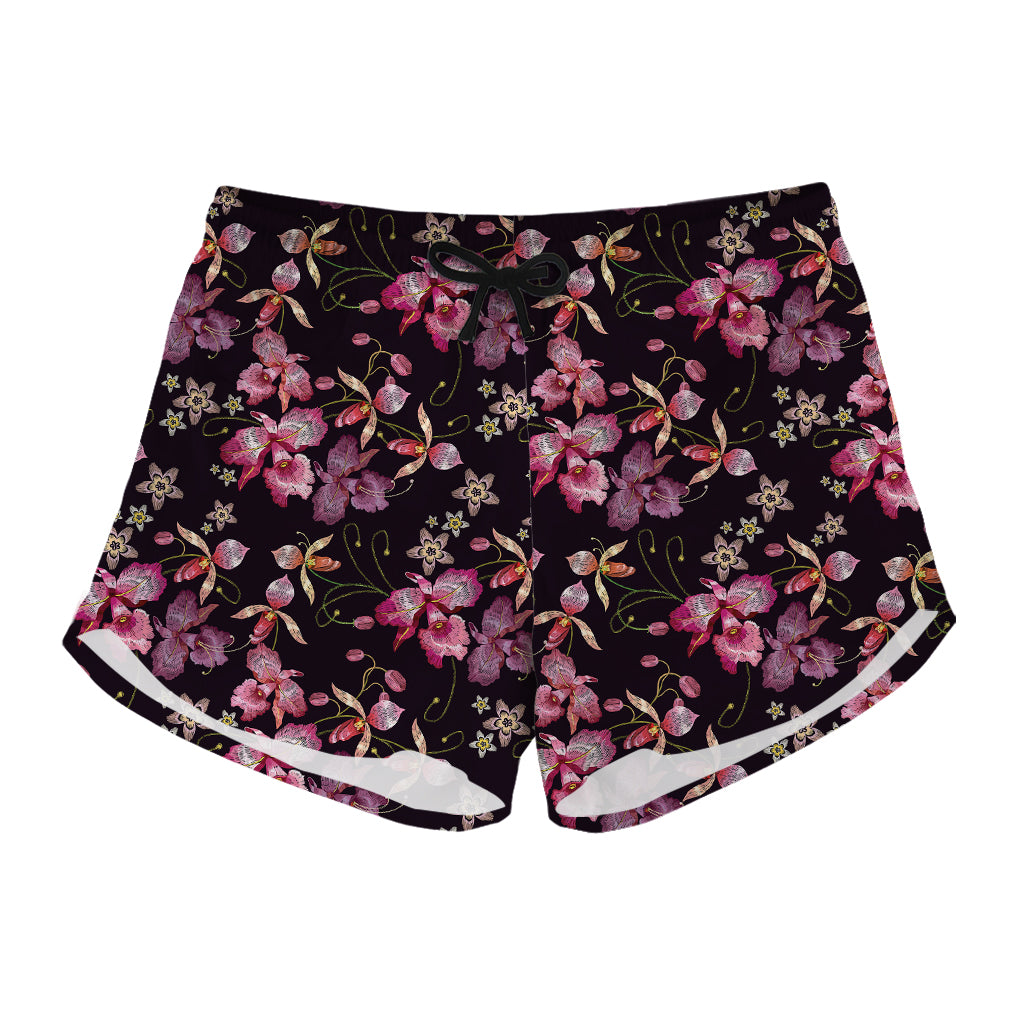 Embroidery Orchid Flower Pattern Print Women's Shorts