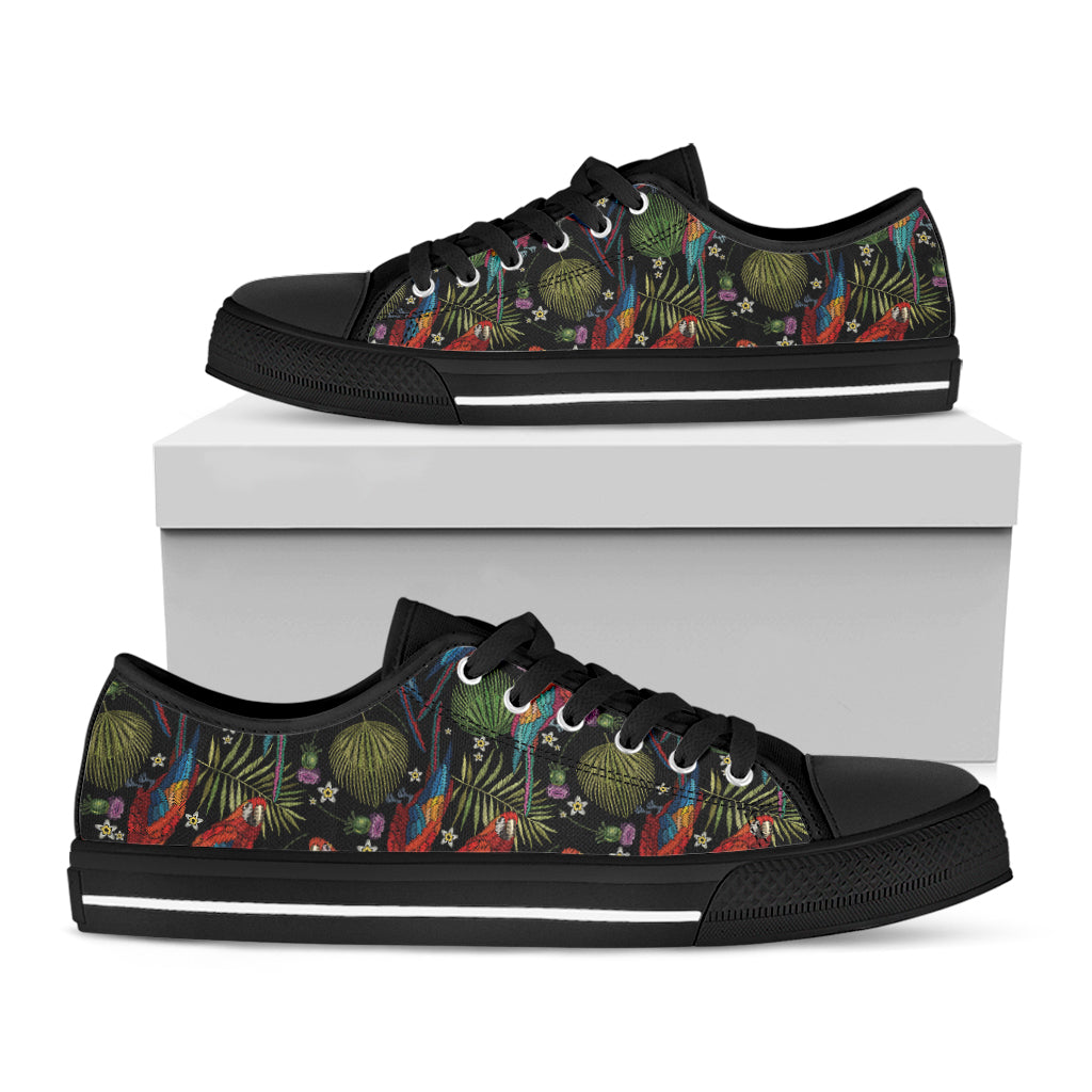 Embroidery Parrot Pattern Print Black Low Top Shoes