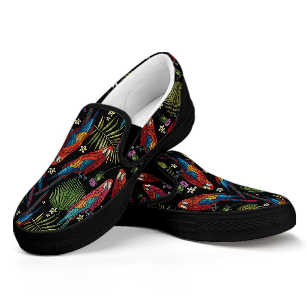 Embroidery Parrot Pattern Print Black Slip On Shoes