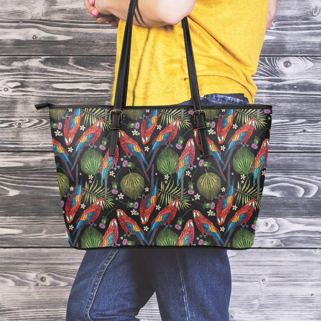 Embroidery Parrot Pattern Print Leather Tote Bag