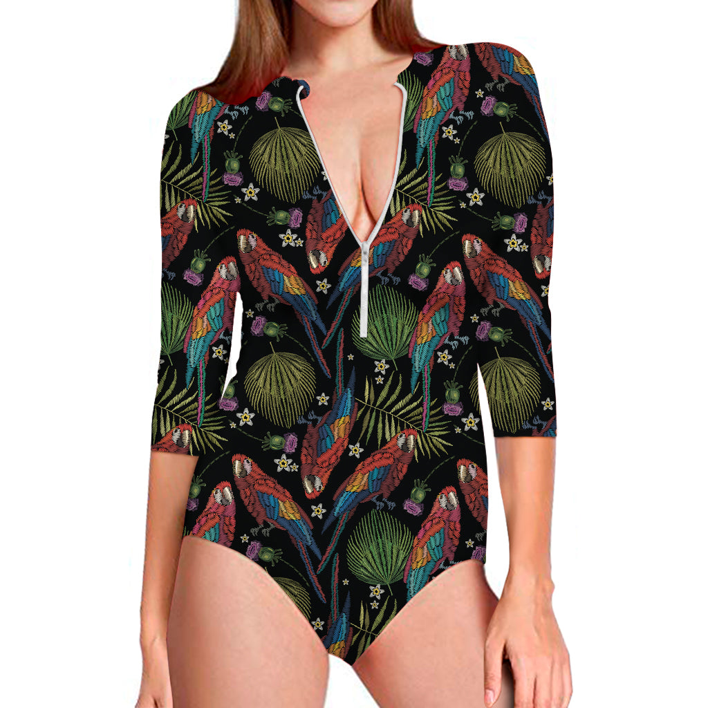 Embroidery Parrot Pattern Print Long Sleeve One Piece Swimsuit