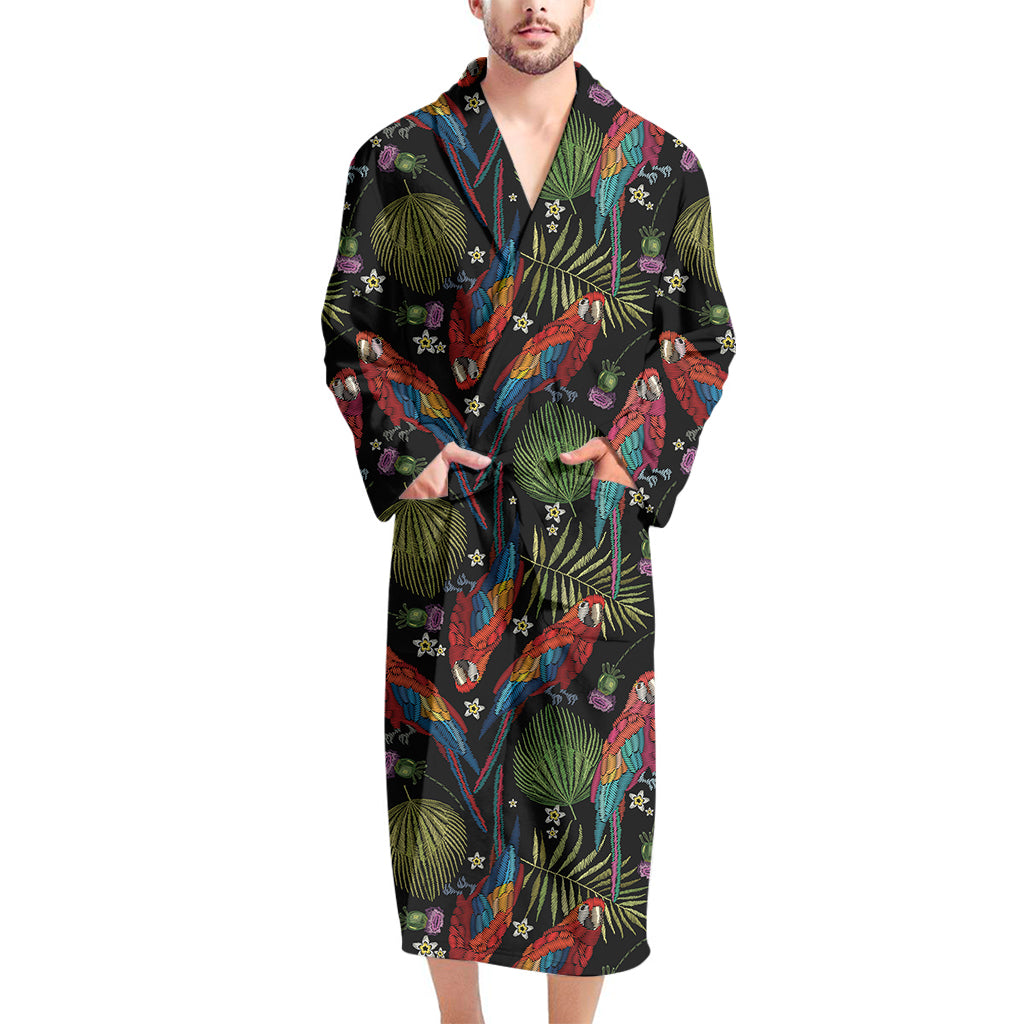 Embroidery Parrot Pattern Print Men's Bathrobe