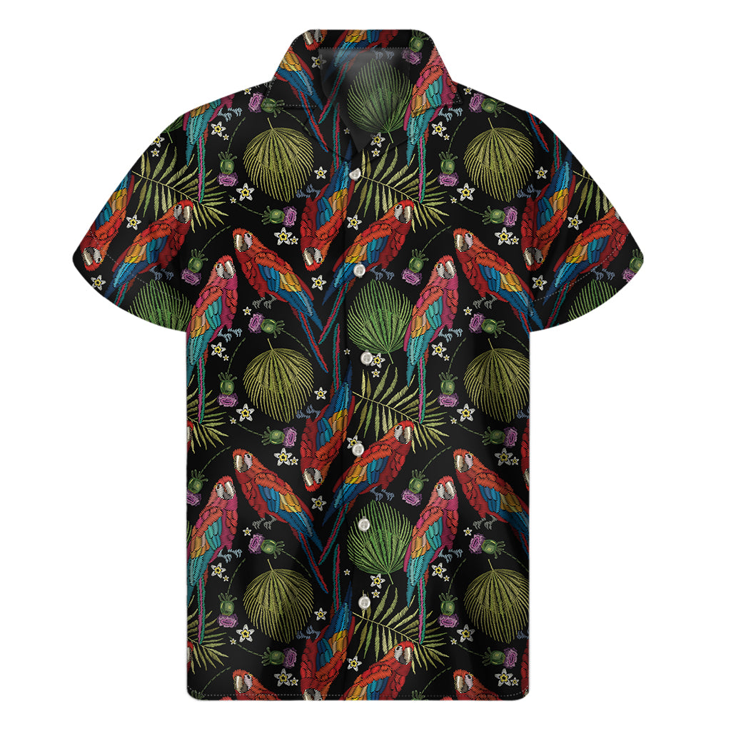 Embroidery Parrot Pattern Print Men's Short Sleeve Shirt