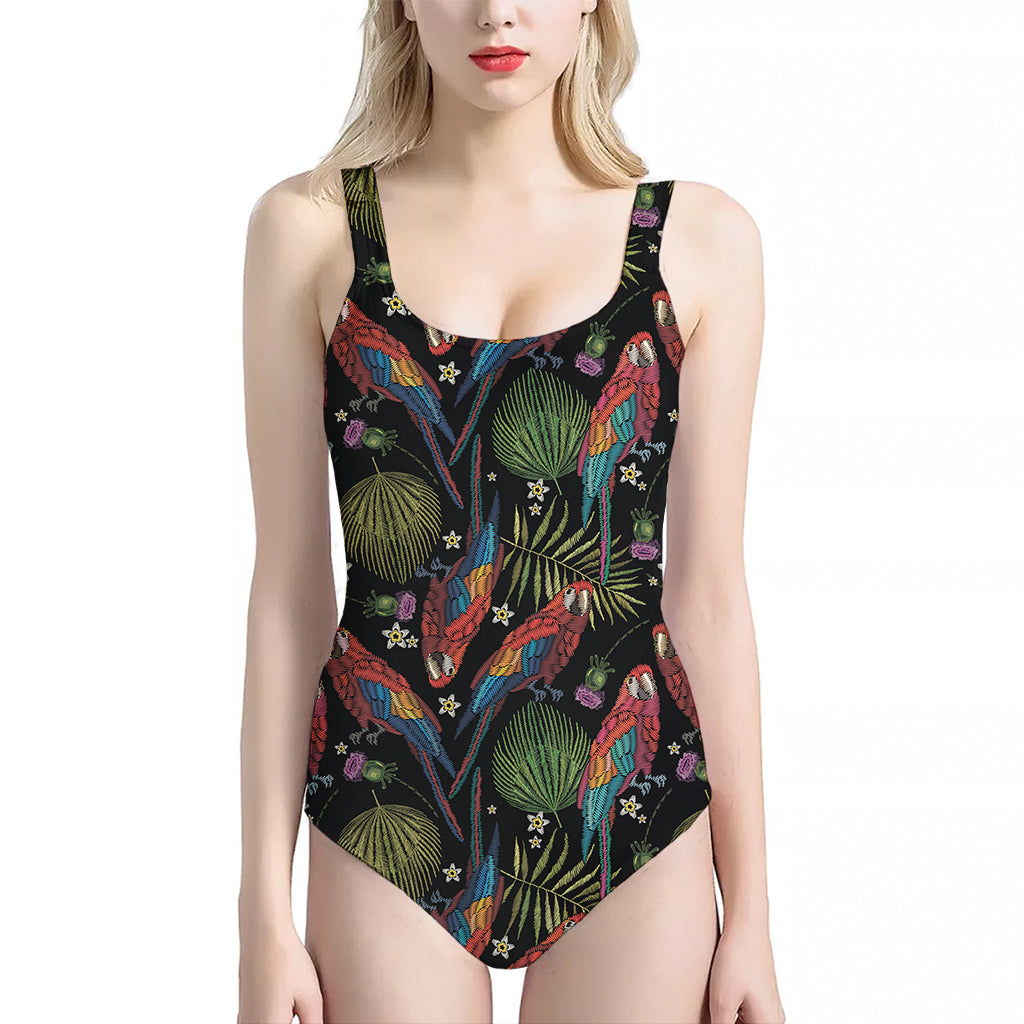 Embroidery Parrot Pattern Print One Piece Halter Neck Swimsuit