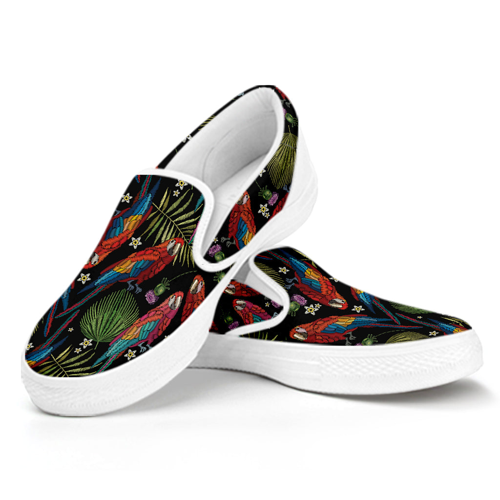 Embroidery Parrot Pattern Print White Slip On Shoes