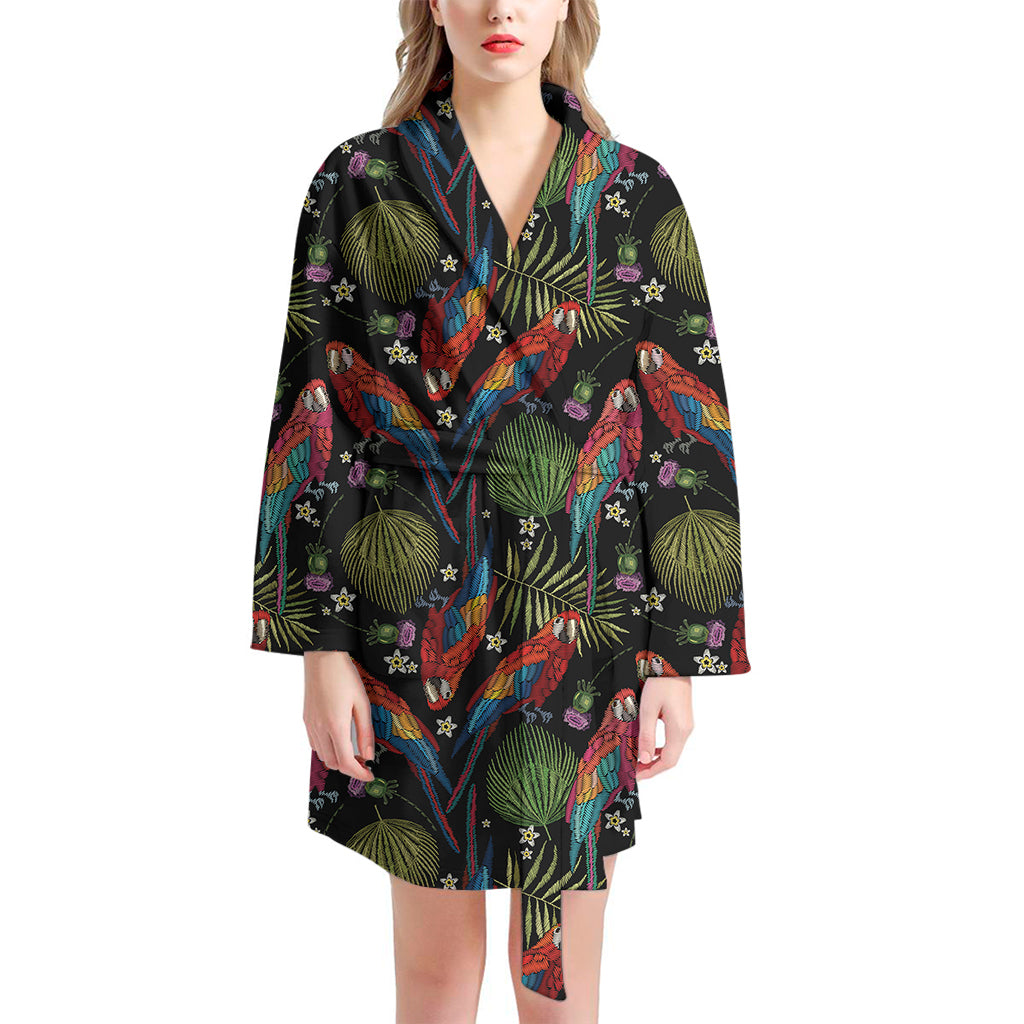 Embroidery Parrot Pattern Print Women's Bathrobe