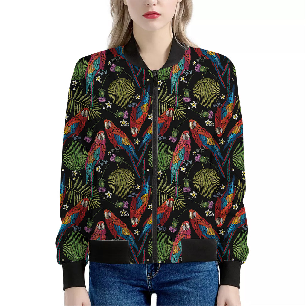 Embroidery Parrot Pattern Print Women's Bomber Jacket