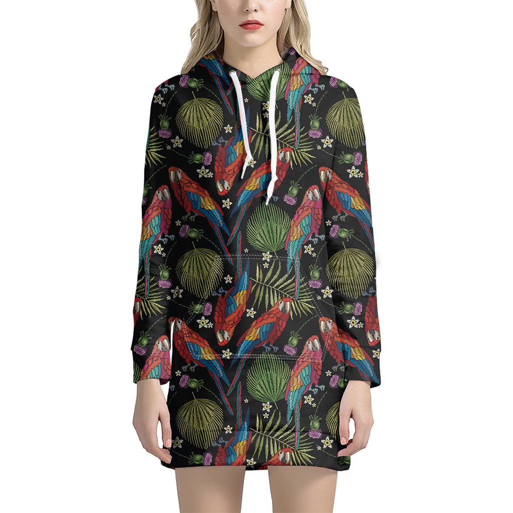 Embroidery Parrot Pattern Print Women's Pullover Hoodie Dress