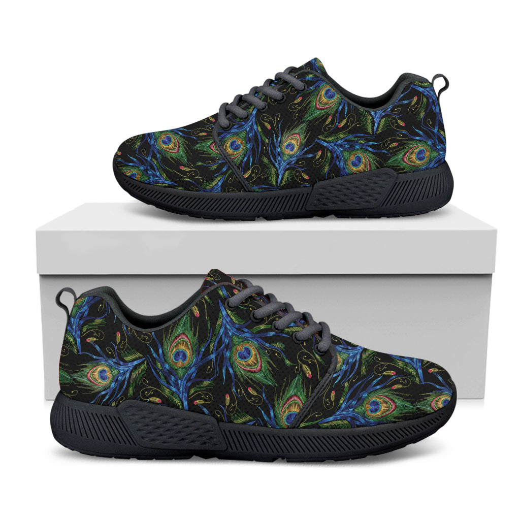 Embroidery Peacock Feather Print Black Athletic Shoes