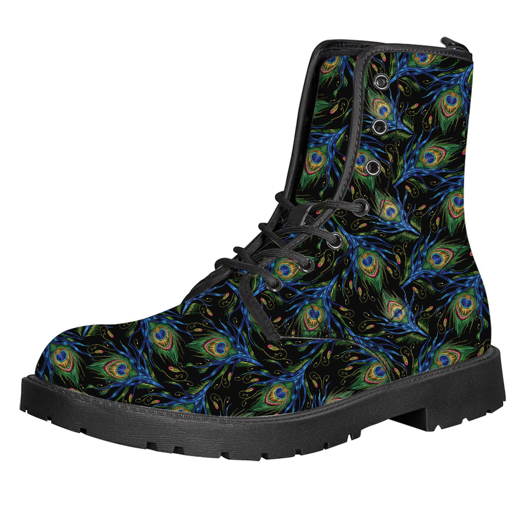 Embroidery Peacock Feather Print Leather Boots