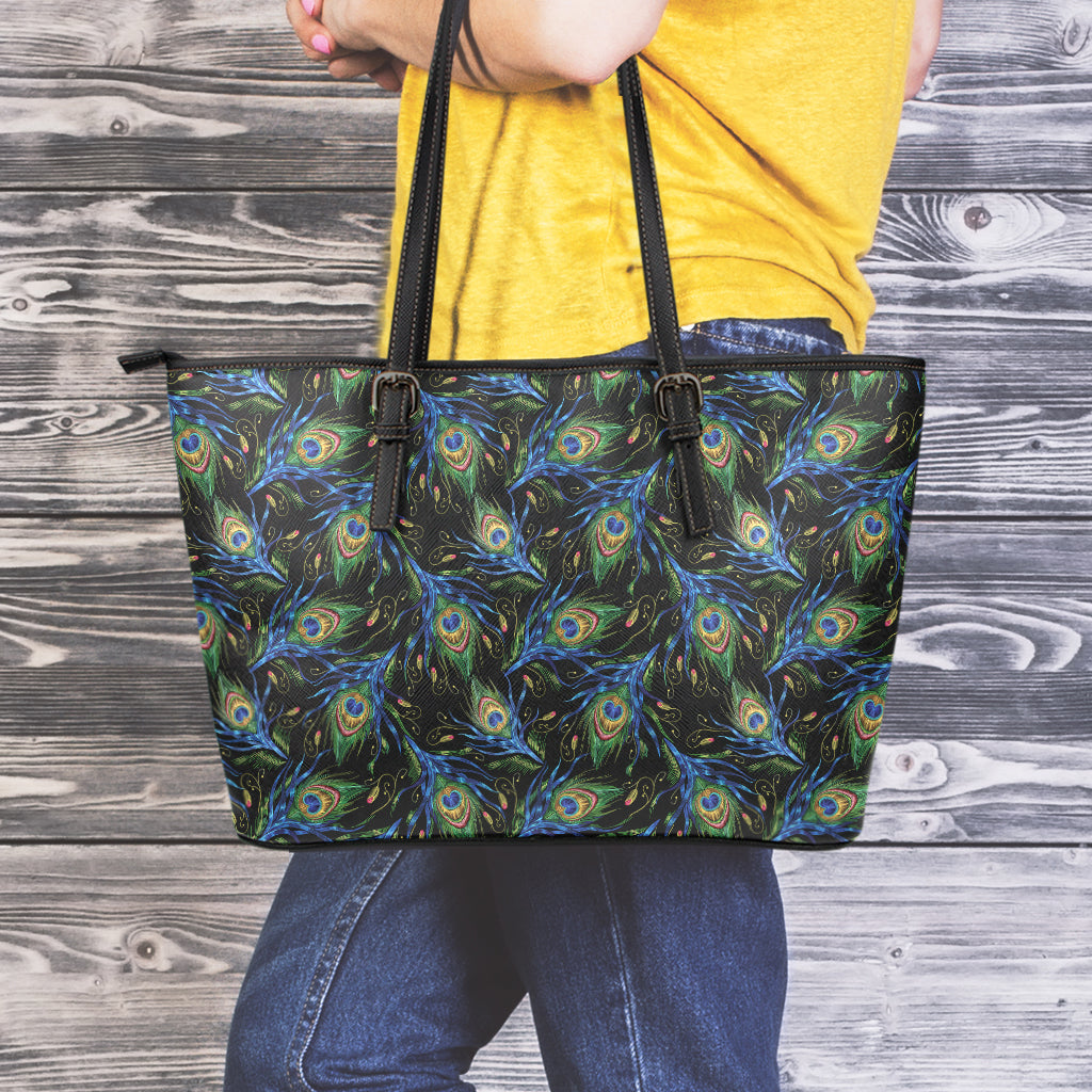 Embroidery Peacock Feather Print Leather Tote Bag