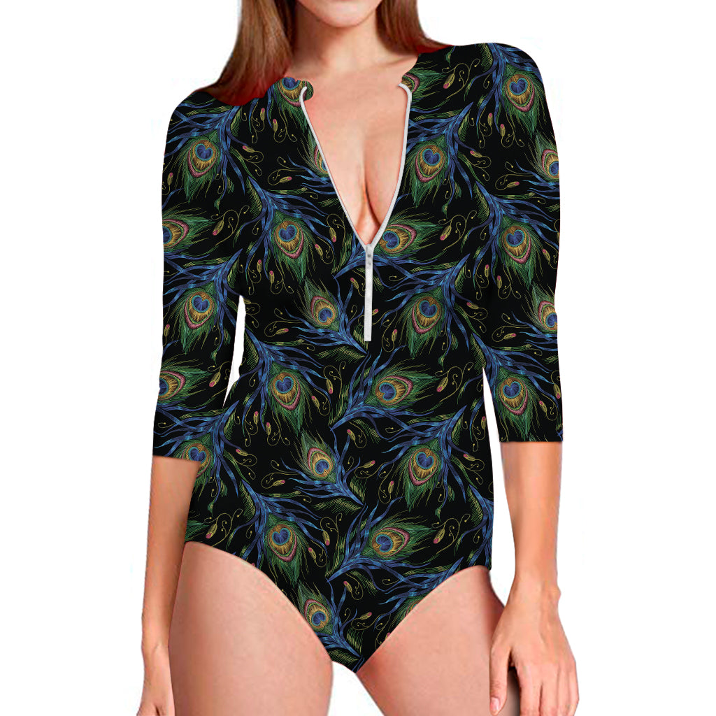 Embroidery Peacock Feather Print Long Sleeve One Piece Swimsuit