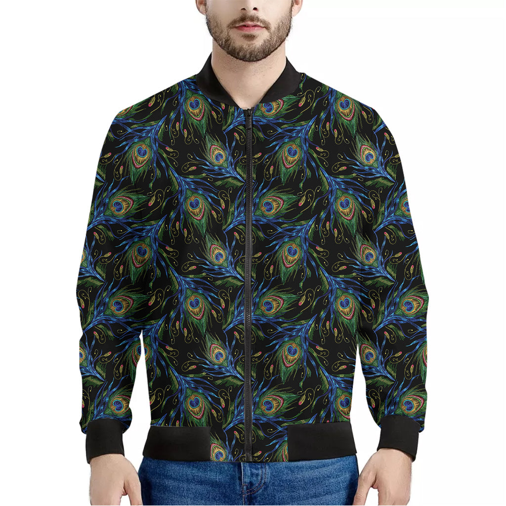 Embroidery Peacock Feather Print Men's Bomber Jacket