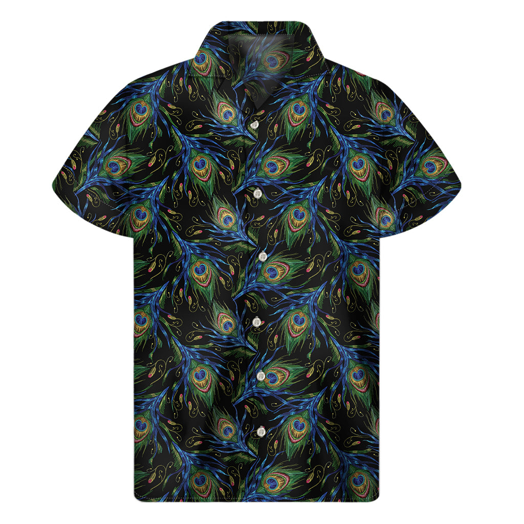 Embroidery Peacock Feather Print Men's Short Sleeve Shirt