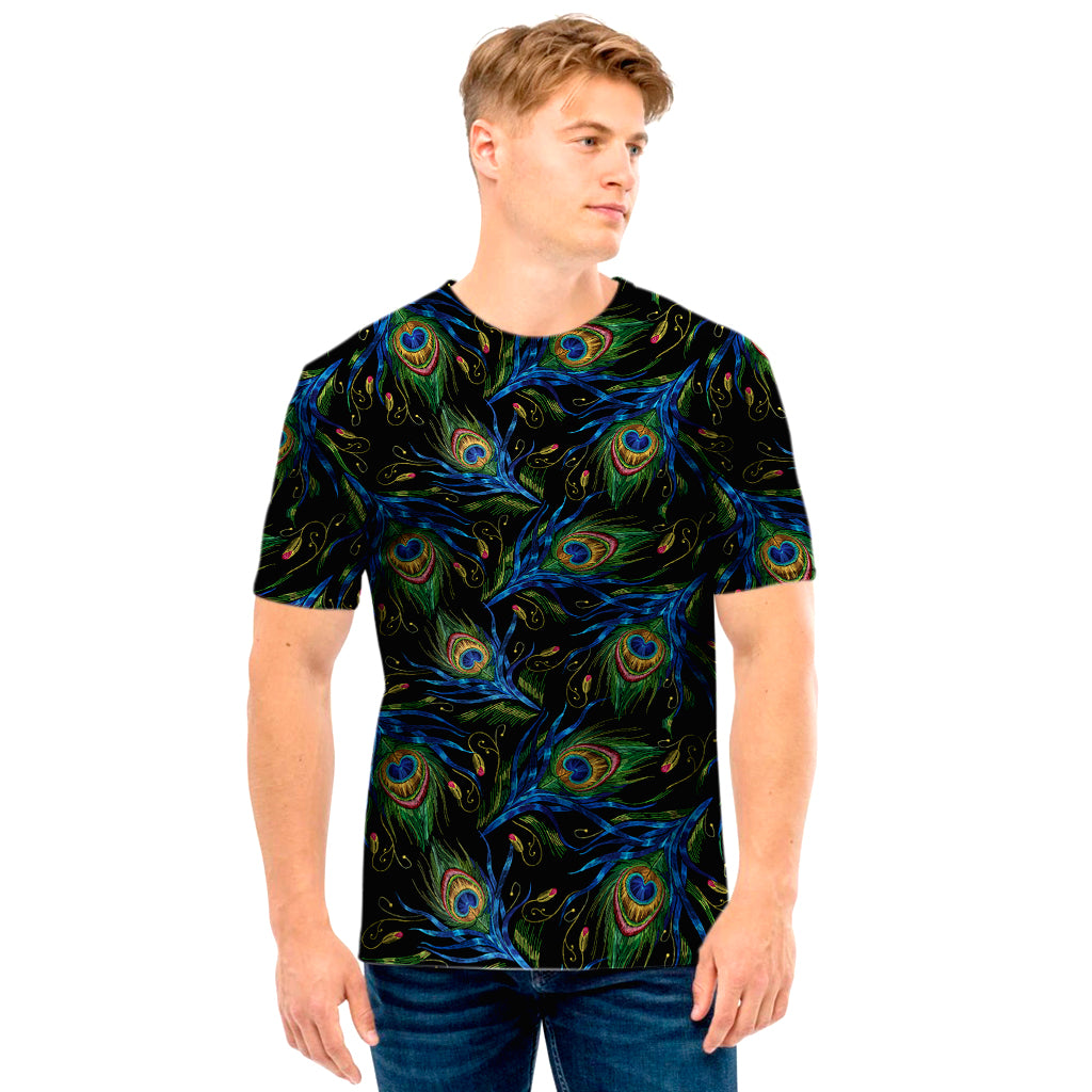 Embroidery Peacock Feather Print Men's T-Shirt