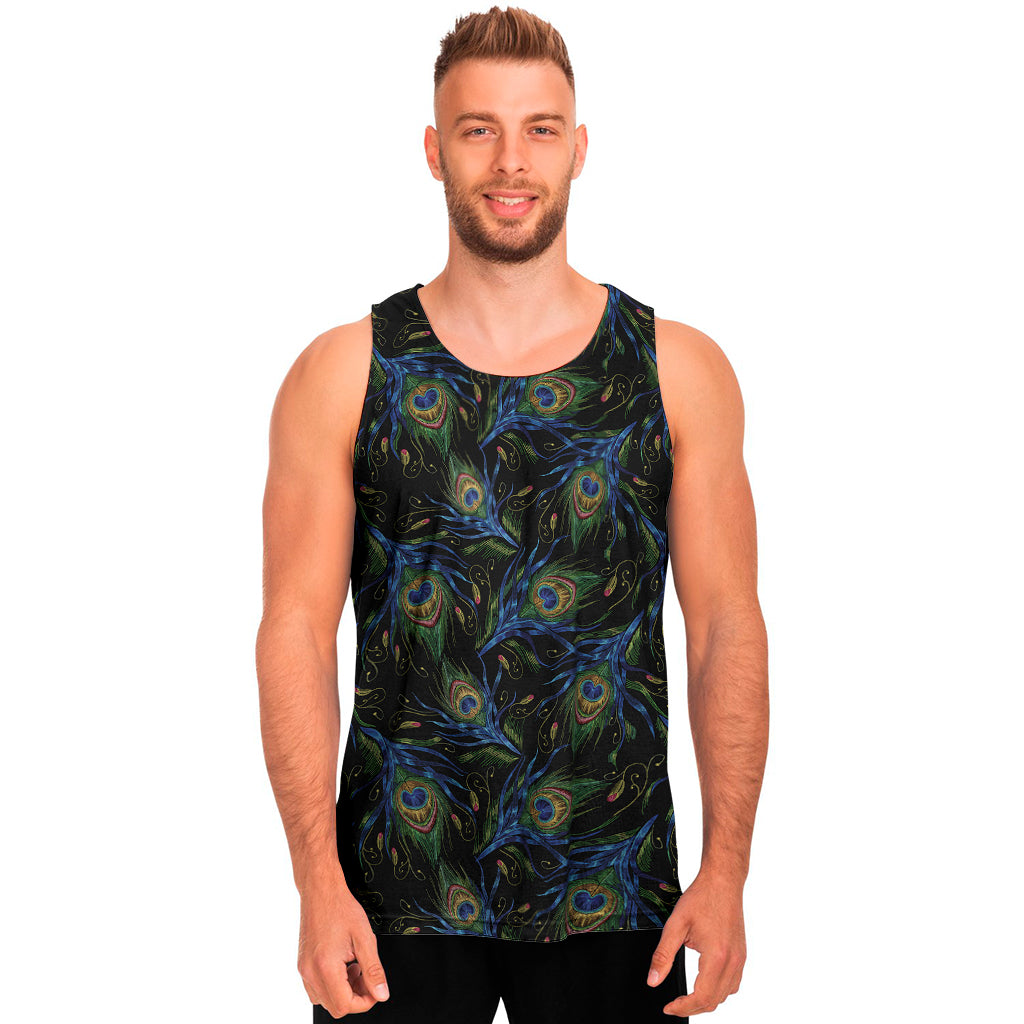 Embroidery Peacock Feather Print Men's Tank Top