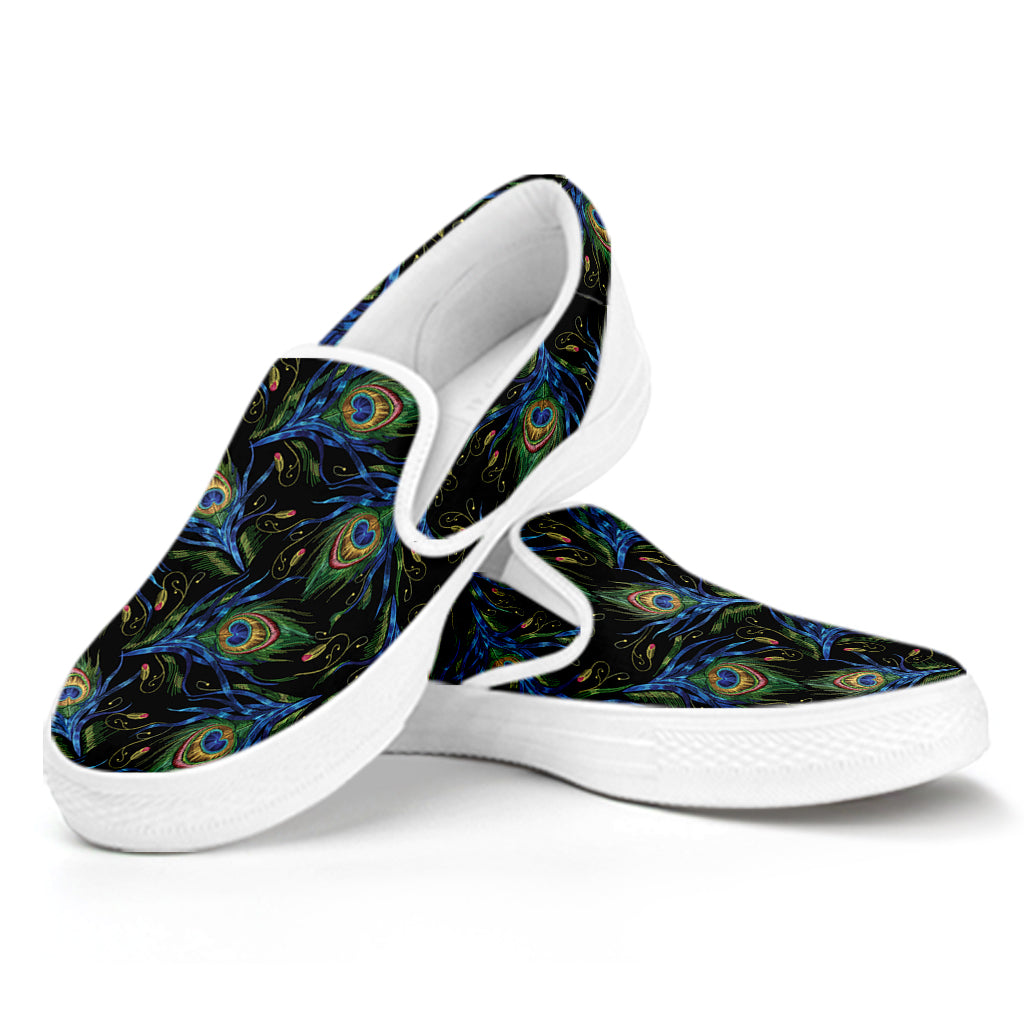 Embroidery Peacock Feather Print White Slip On Shoes