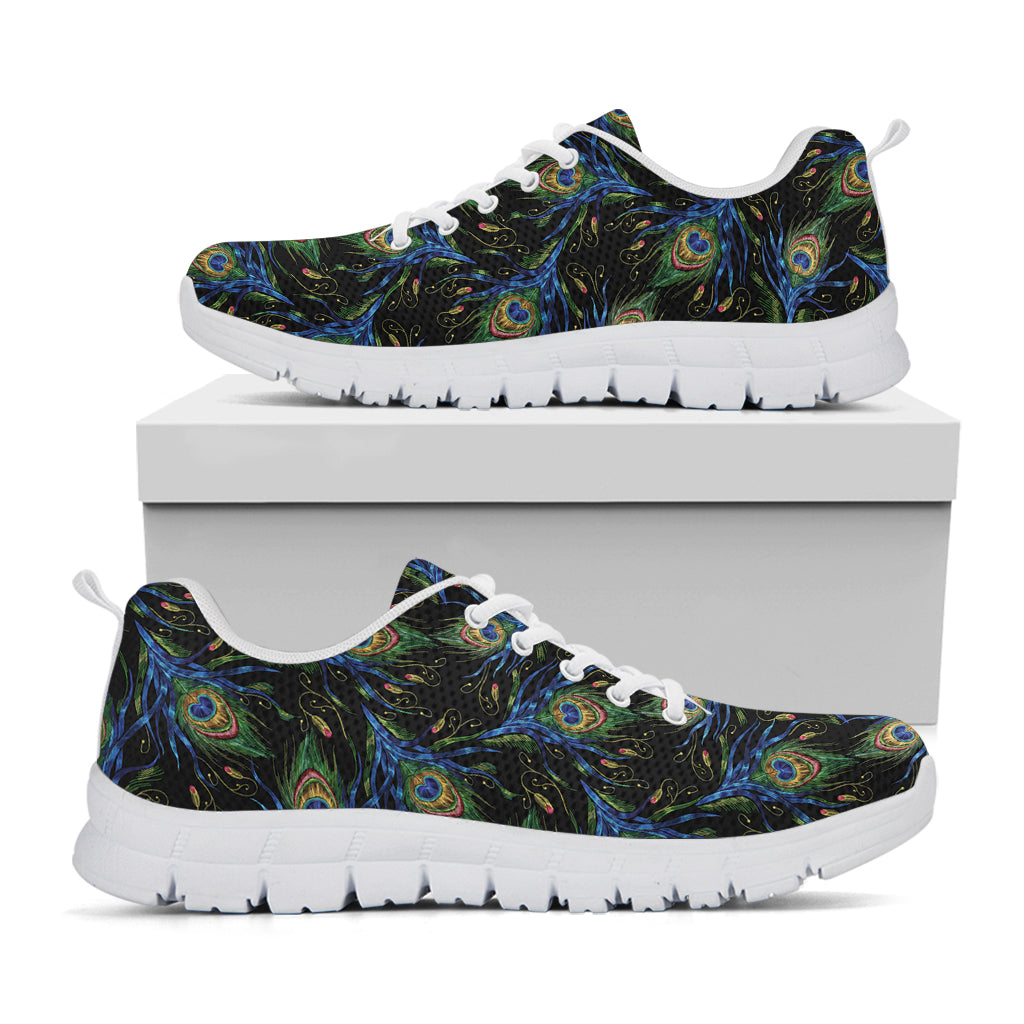 Embroidery Peacock Feather Print White Sneakers