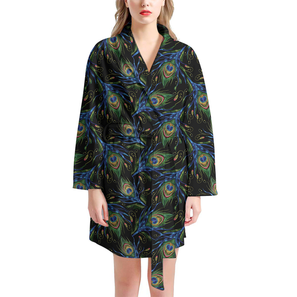 Embroidery Peacock Feather Print Women's Bathrobe