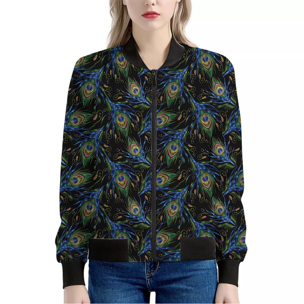 Embroidery Peacock Feather Print Women's Bomber Jacket