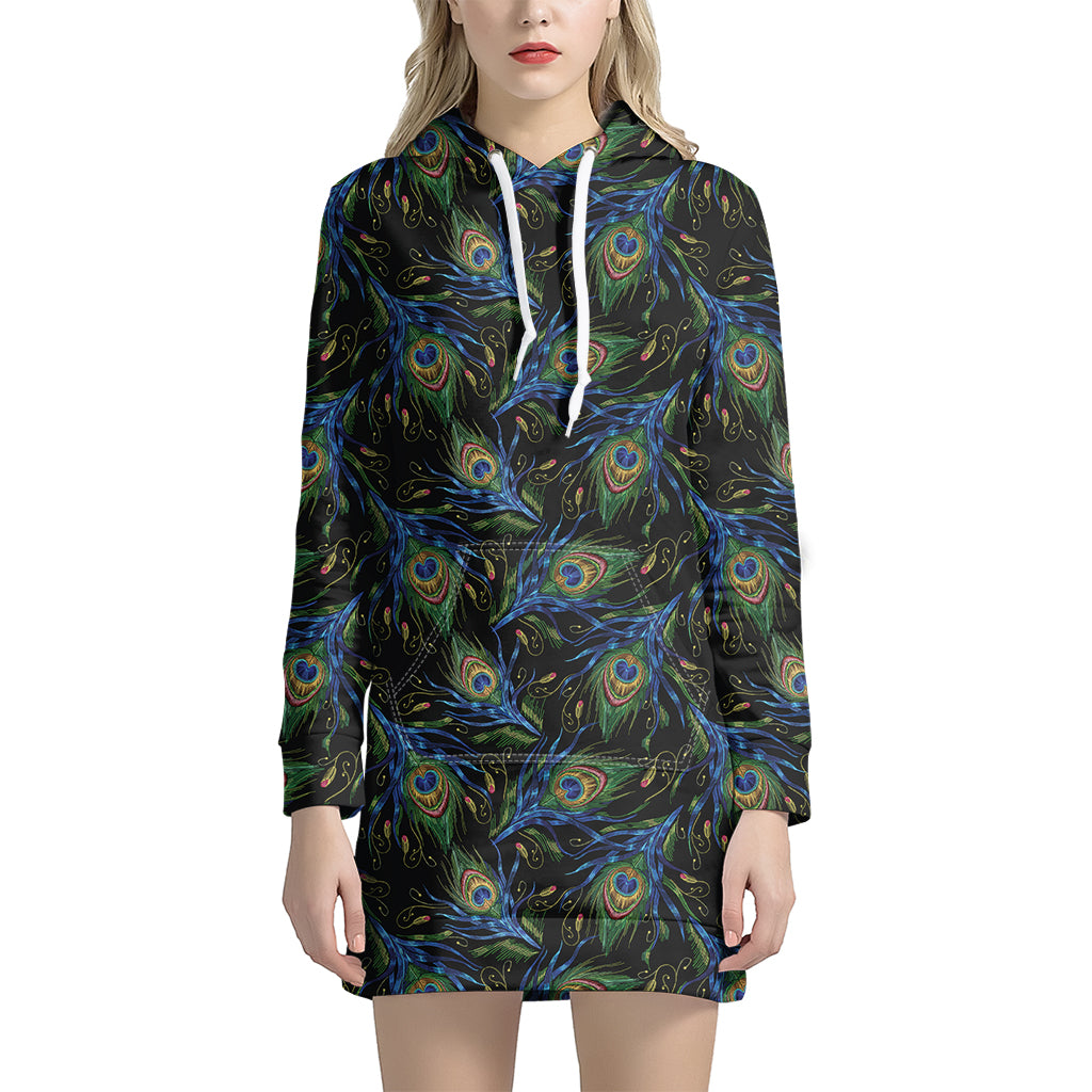 Embroidery Peacock Feather Print Women's Pullover Hoodie Dress