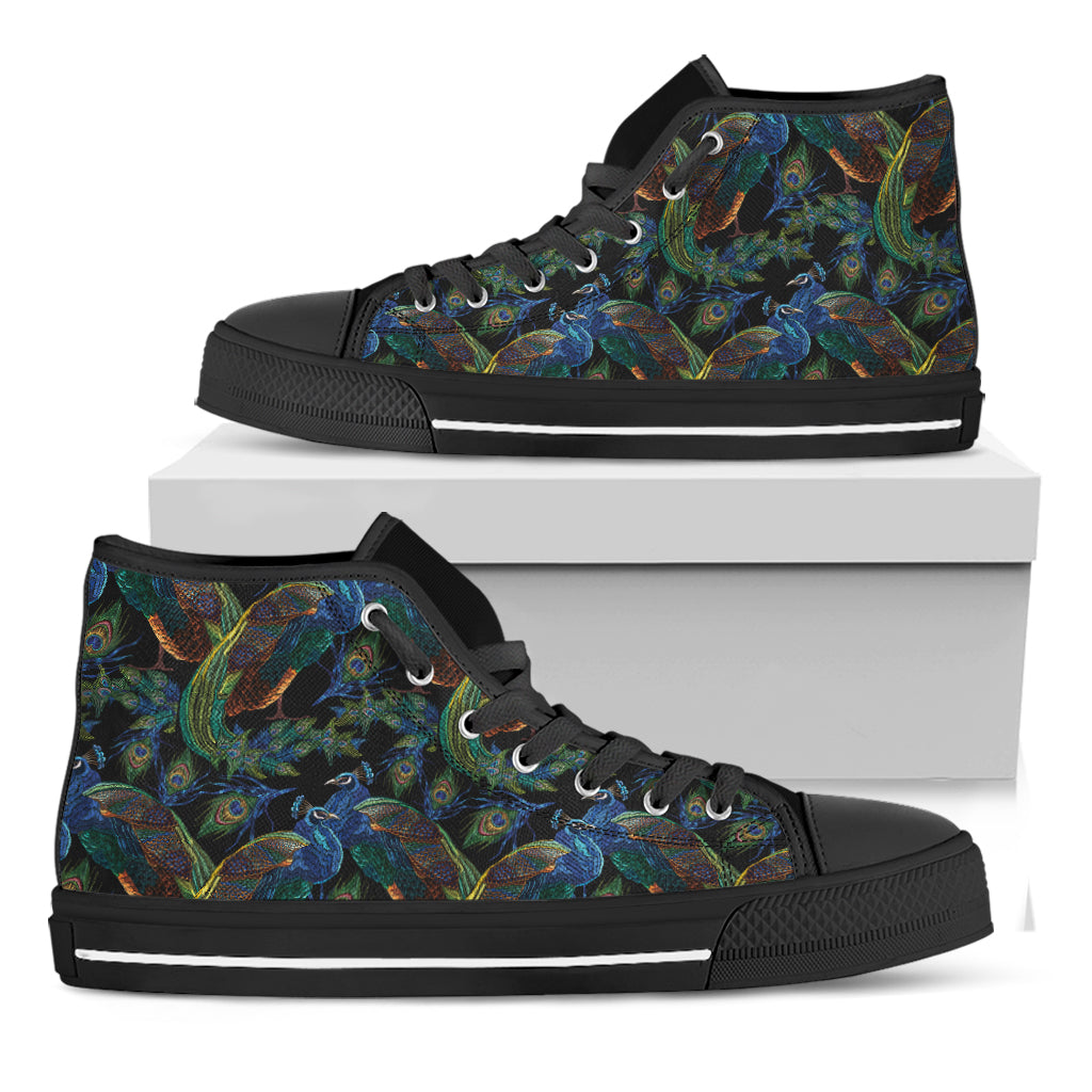 Embroidery Peacock Pattern Print Black High Top Shoes