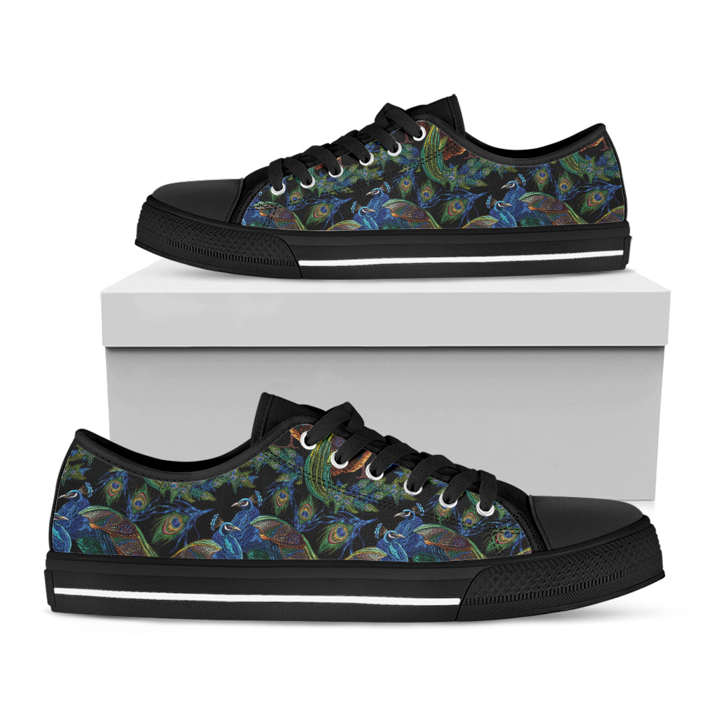 Embroidery Peacock Pattern Print Black Low Top Shoes