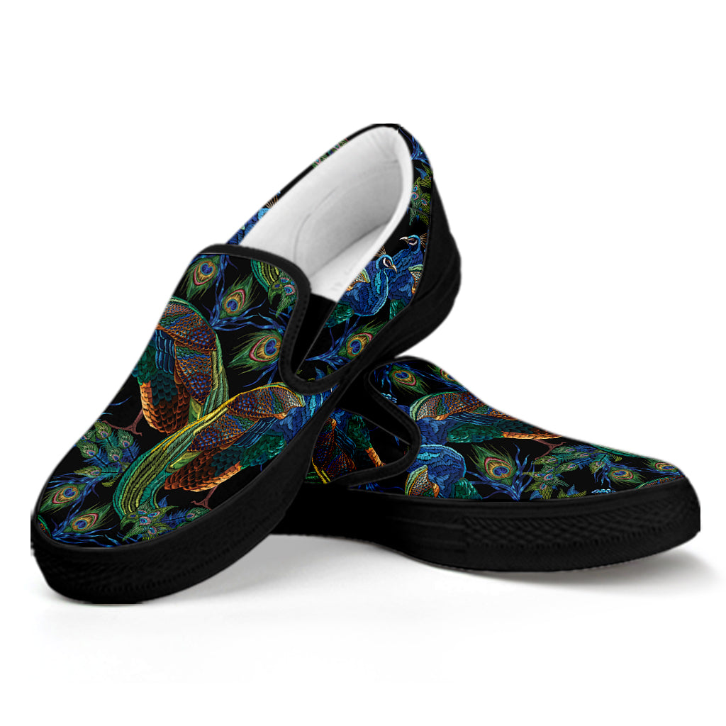 Embroidery Peacock Pattern Print Black Slip On Shoes