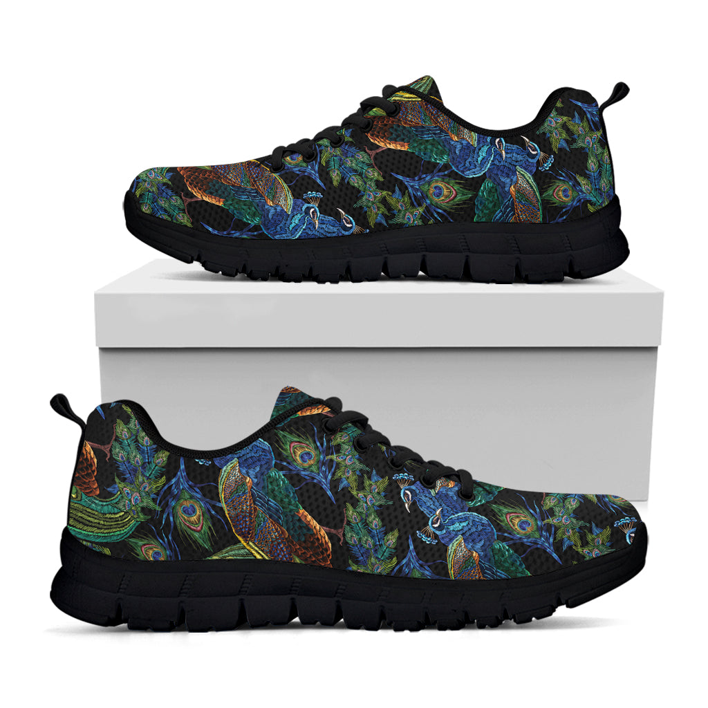 Embroidery Peacock Pattern Print Black Sneakers