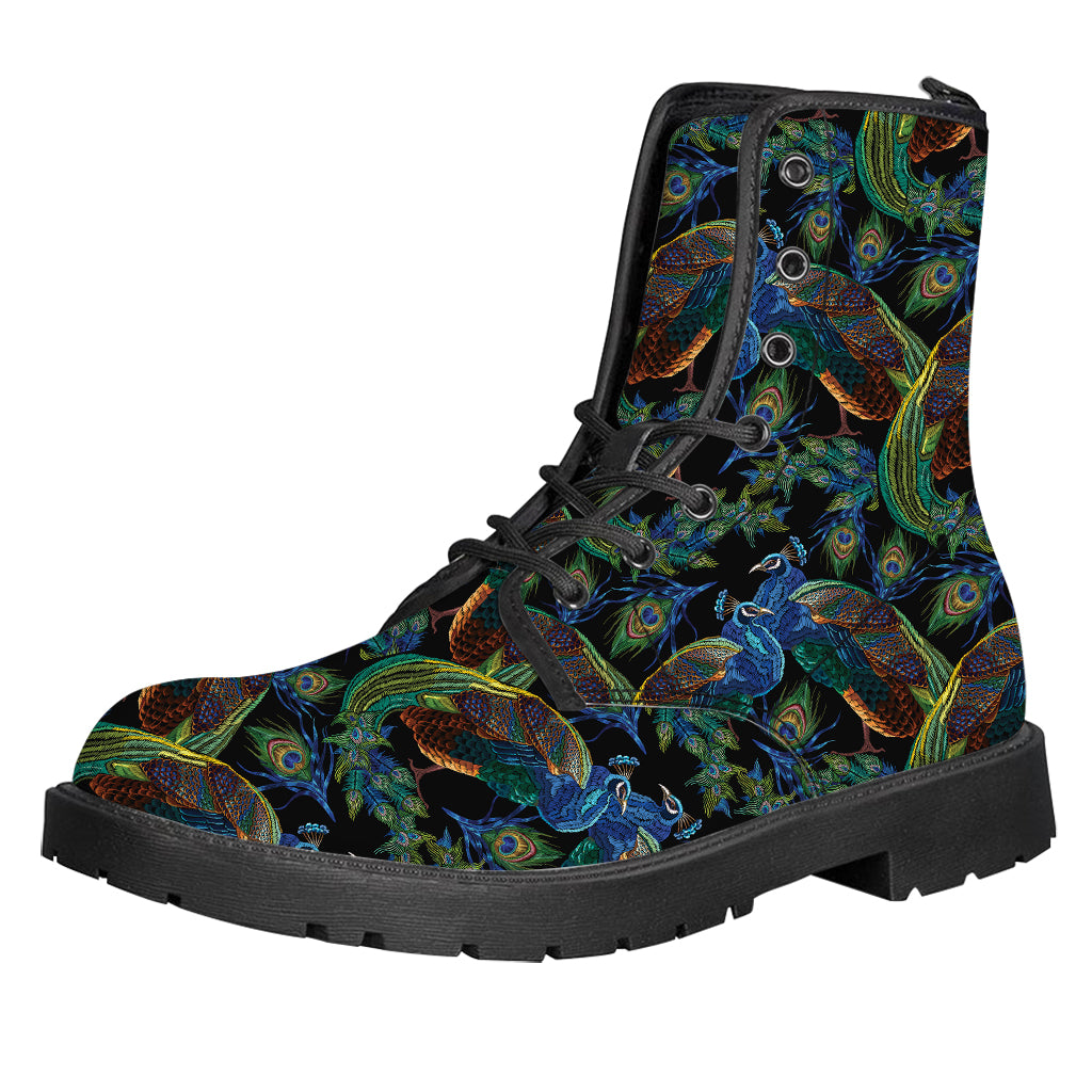 Embroidery Peacock Pattern Print Leather Boots