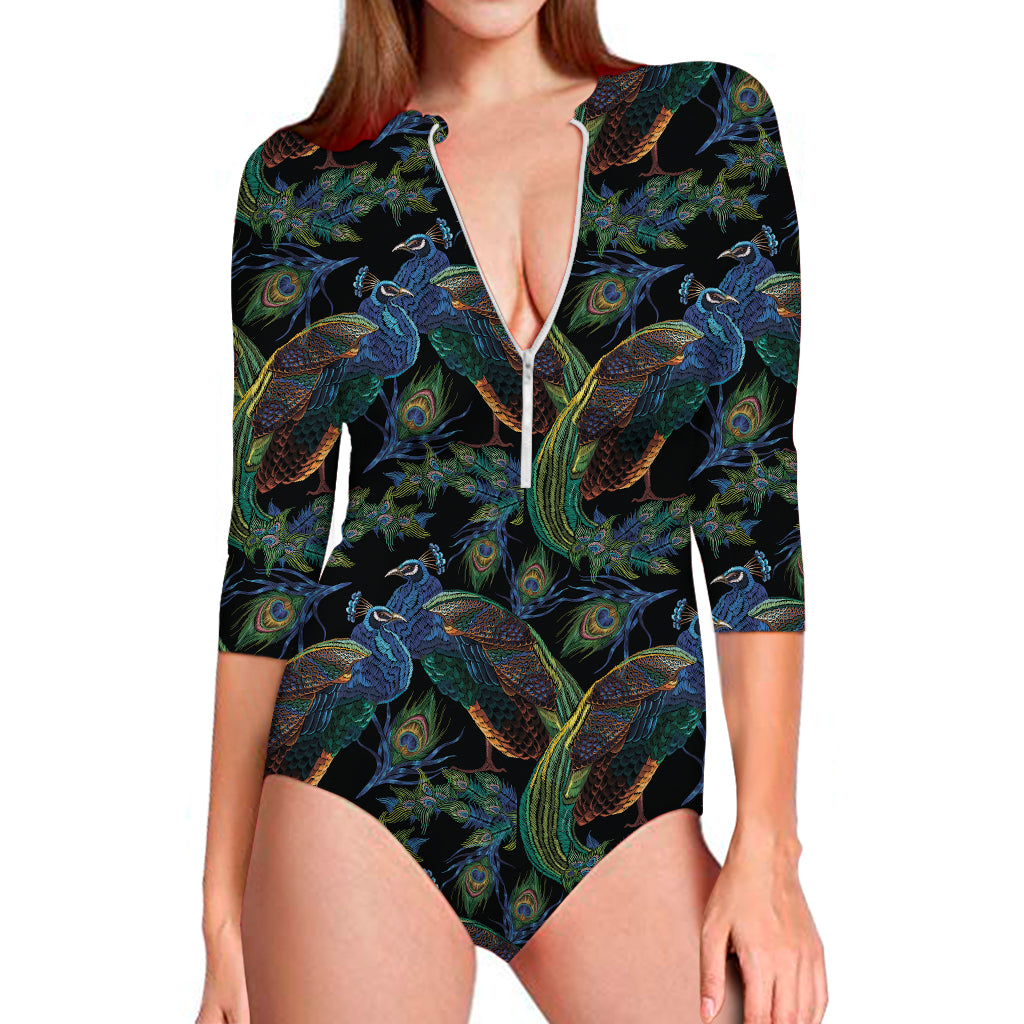 Embroidery Peacock Pattern Print Long Sleeve One Piece Swimsuit