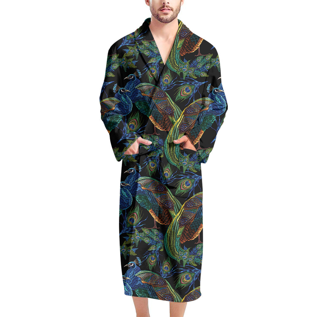 Embroidery Peacock Pattern Print Men's Bathrobe